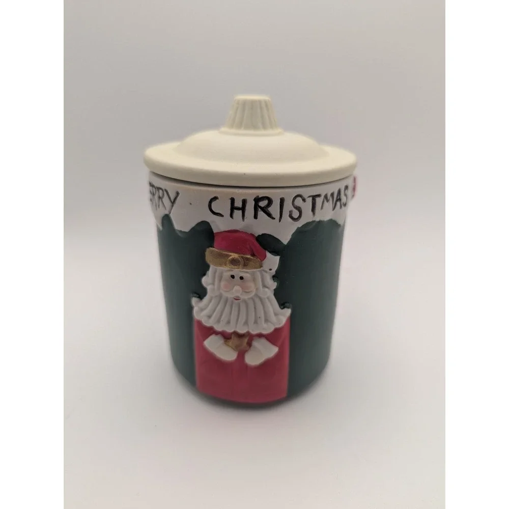 Vtg Christmas Dolgencorp Santa Candle Green Ceramic Jar with Lid Merry Christmas